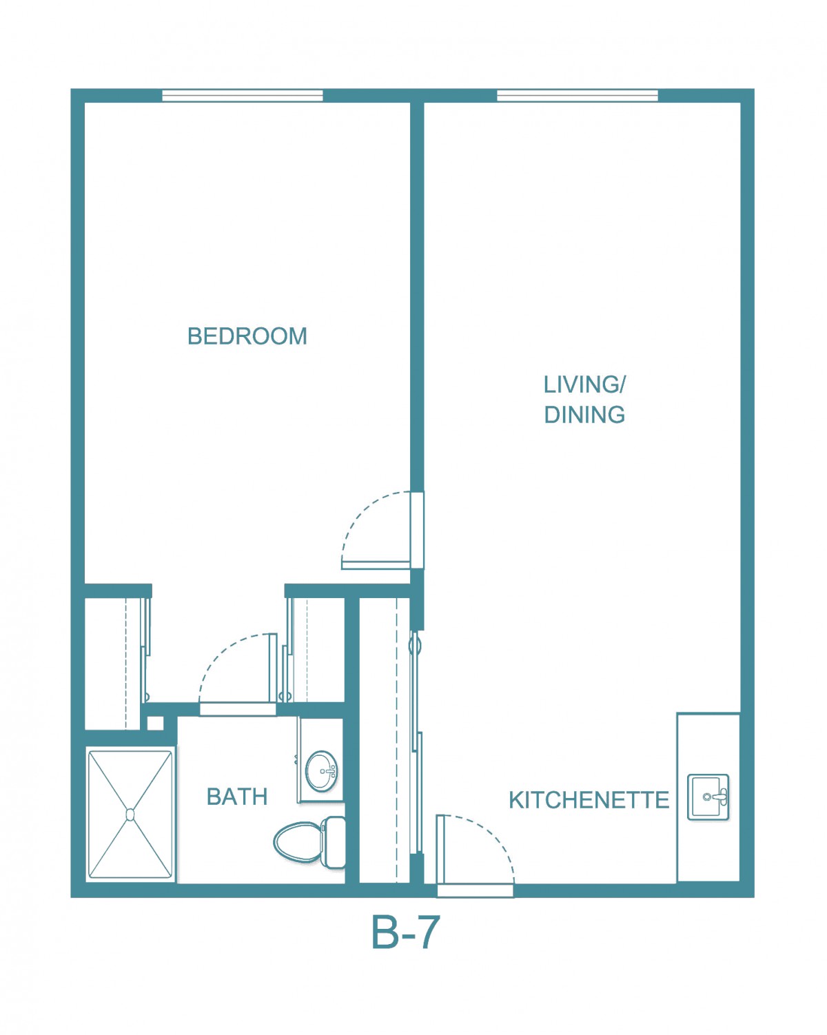 A simple floor plan of a one-bedroom apartment featuring a bathroom, kitchenette, and living/dining area.