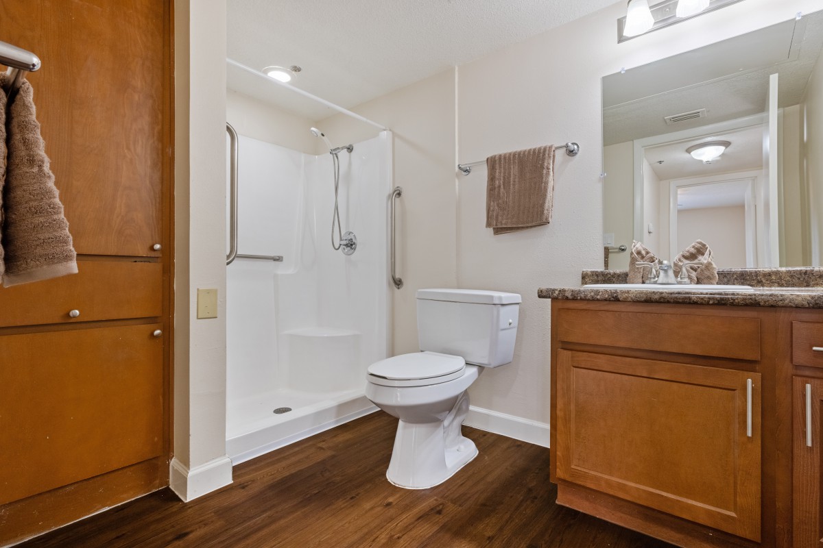 A modern bathroom with a shower, toilet, and wooden flooring.