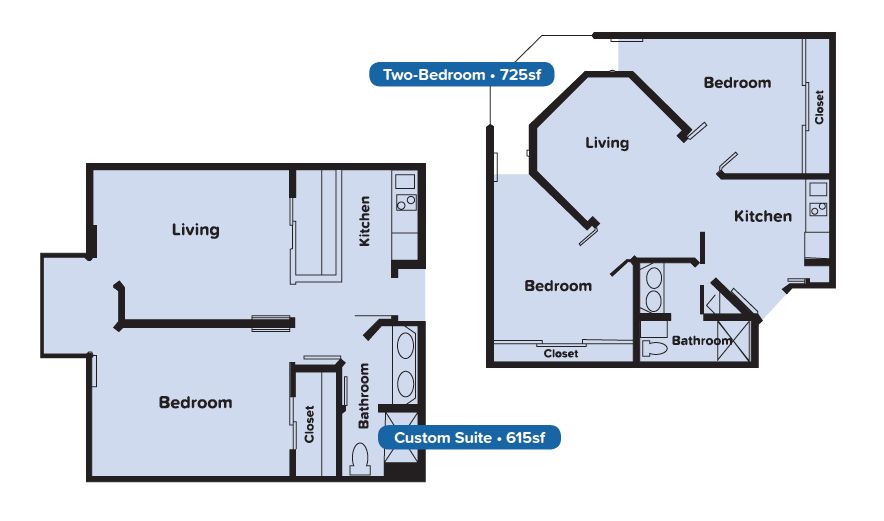 Floor plans for two apartment types: a two-bedroom and a garden suite.