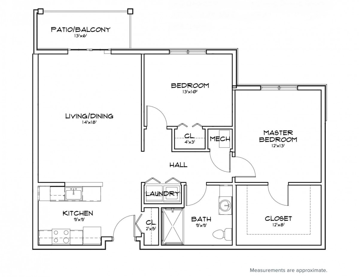 A detailed floor plan of a residential home illustrating the layout of rooms, including a master bedroom, kitchen, bathroom, and living/dining area.