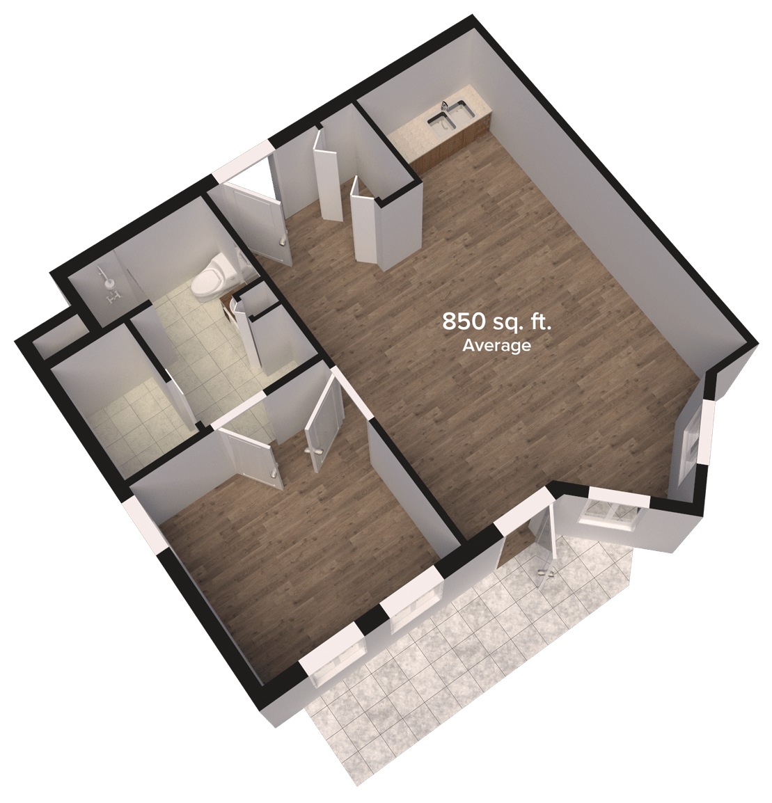 3D floor plan of an apartment with specified square footage.