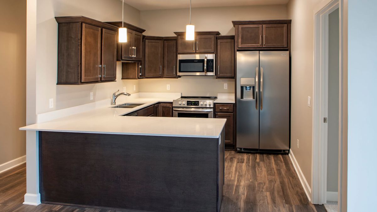 A modern kitchen with dark wood cabinets, stainless steel appliances, and a sleek countertop.