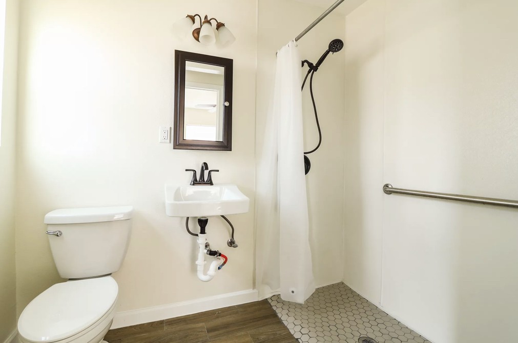 A modern, accessible bathroom with a walk-in shower and minimalist design.