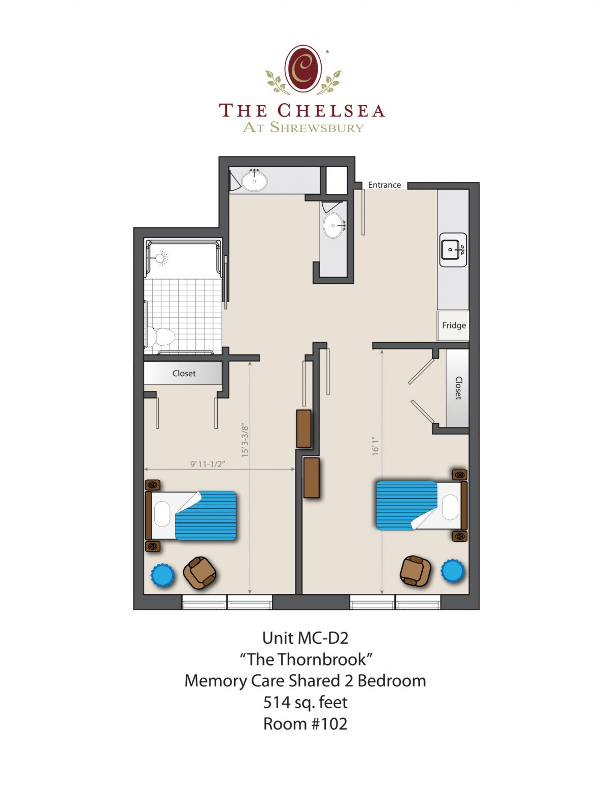 Floor plan of a two-bedroom apartment labeled 'The Chelsea'.