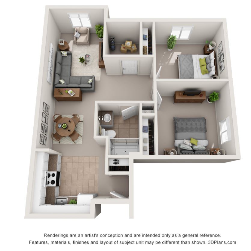 A 3D floor plan of an apartment featuring two bedrooms, an open kitchen, a living room, and a bathroom.