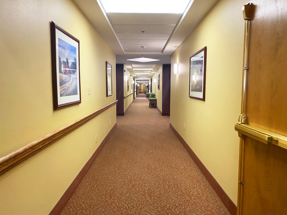 A well-lit hotel hallway with framed artwork on the walls and carpeted flooring.