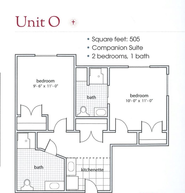 Floor plan of Unit O featuring a compact suite with two bedrooms and one bathroom, covering 606 square feet.