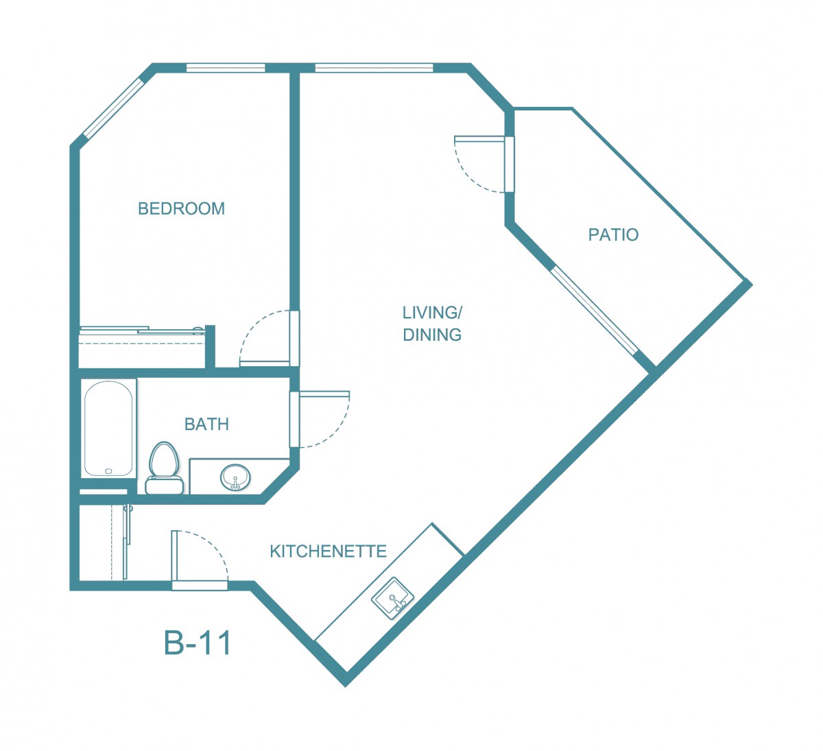 A blueprint of an apartment floor plan featuring a bedroom, living area, kitchenette, bathroom, and patio.