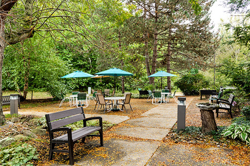 A serene outdoor space with benches and tables under umbrellas, surrounded by lush greenery.