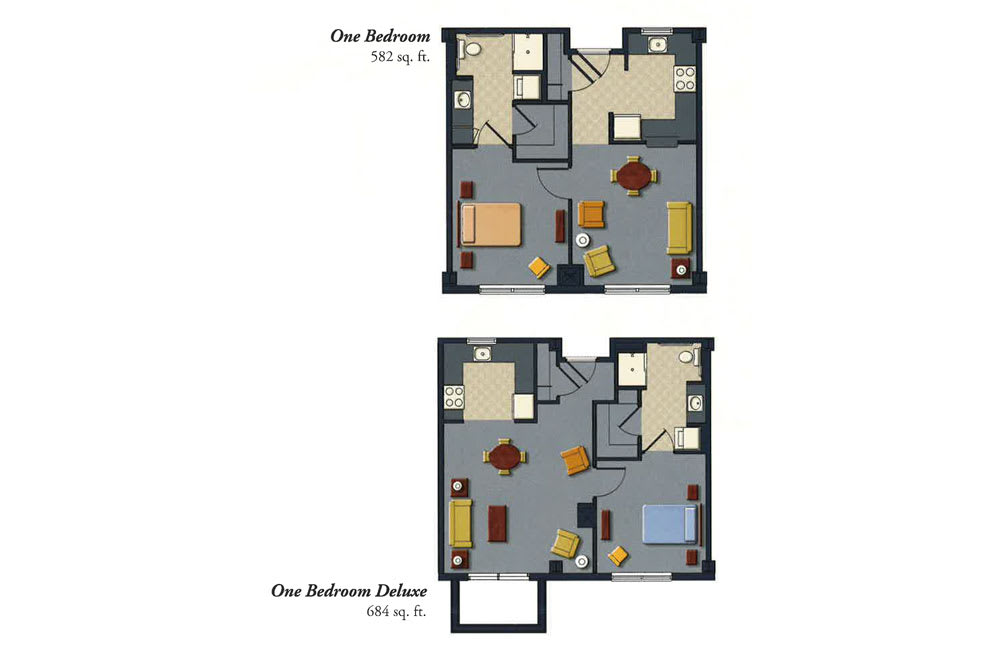 Two one-bedroom apartment floor plans showcasing different layouts.