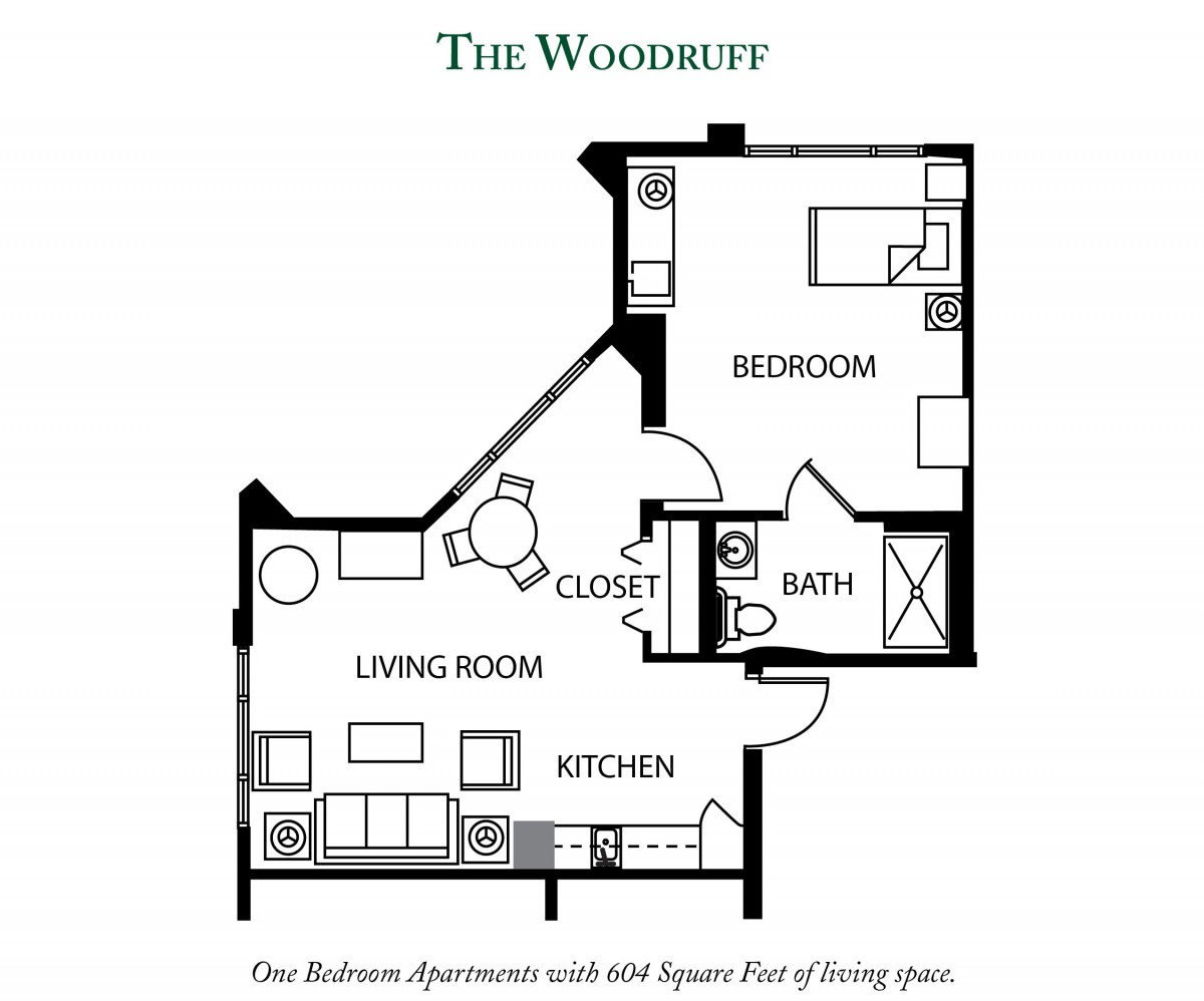 The Woodruff one-bedroom apartment floor plan, featuring a living area, kitchen, bedroom, bathroom, and closet.