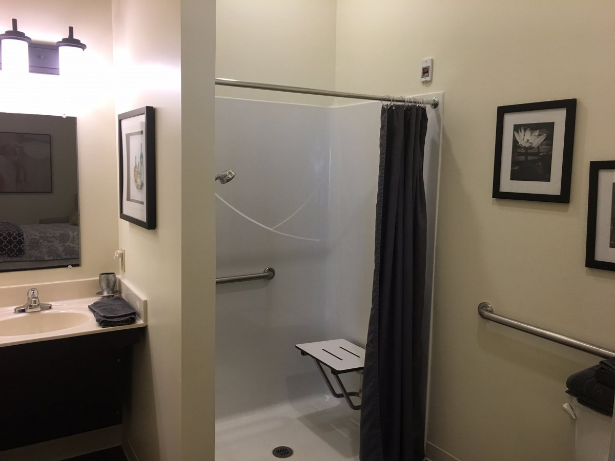 An accessible bathroom with a shower, handrails, and a foldable seat.
