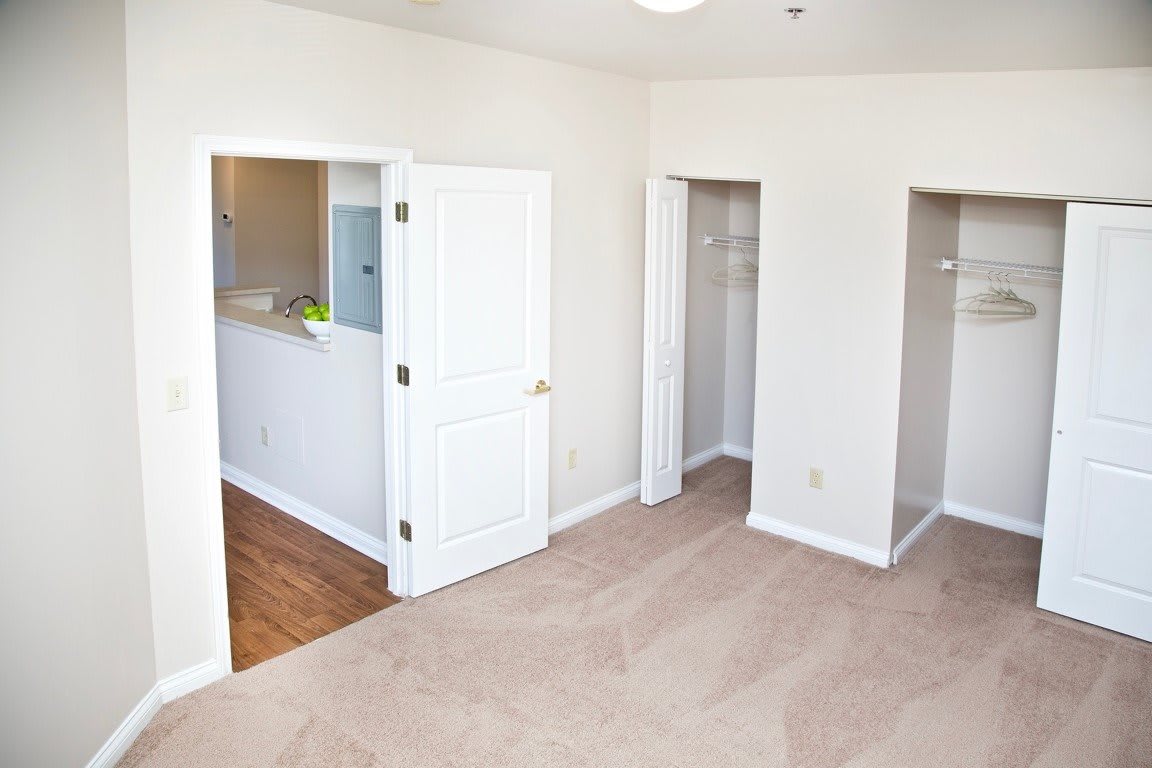 An empty bedroom with white walls, a carpeted floor, and open closets.