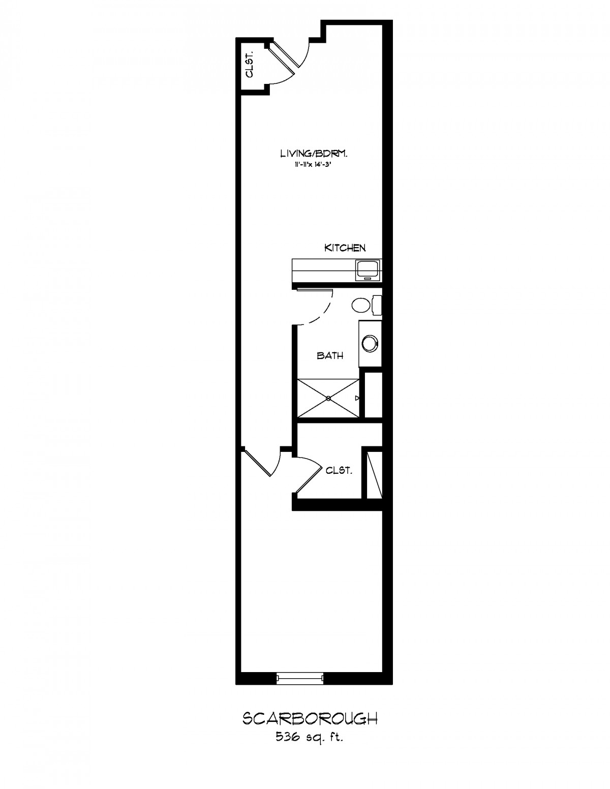 A floor plan of a studio apartment featuring an open living space, kitchen area, bathroom, and entryway.