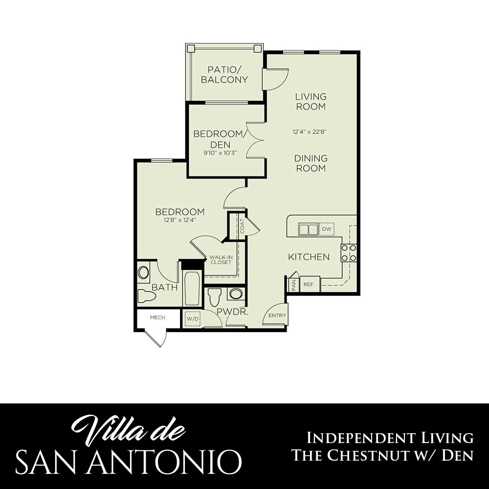 Villa de San Antonio independent living floor plan: The Chestnut with Den.