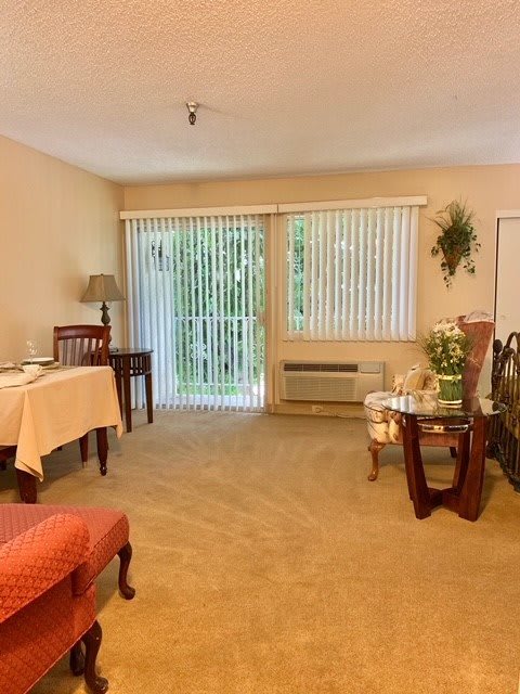 A cozy living room with carpeted flooring, featuring a table set for dining, a comfortable chair, and a side table with a lamp. Large windows with vertical blinds allow natural light to fill the space.
