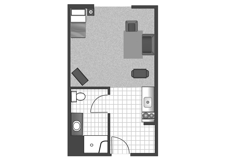 A floor plan of a studio apartment featuring a living area, kitchen, and bathroom.