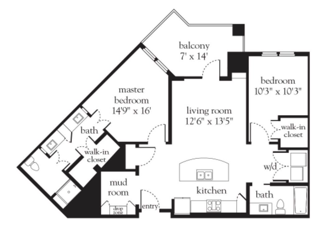 A detailed floor plan of an apartment showing the arrangement of rooms and spaces, including bedrooms, bathrooms, kitchen, living room, and balcony.