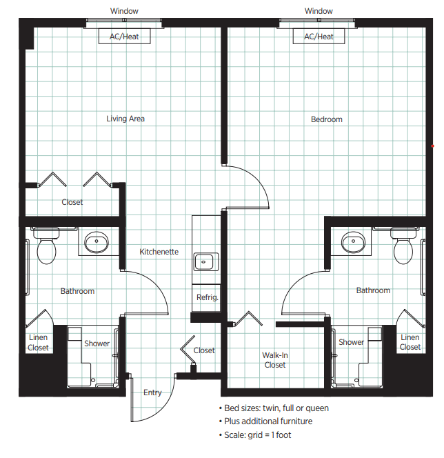 A detailed floor plan of a two-bedroom apartment with separate bathrooms and a kitchen area.