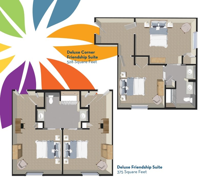 This image shows two floor plans: a Deluxe Corner Hospitality Suite and a Deluxe Friendship Suite.
