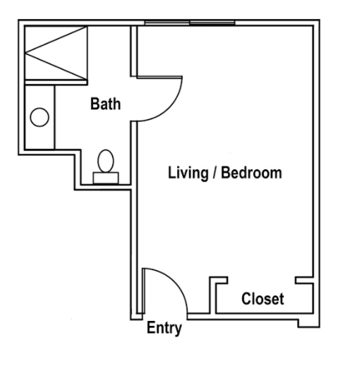 A simple floor plan of a studio apartment featuring a living/bedroom area, a bathroom, and a closet.