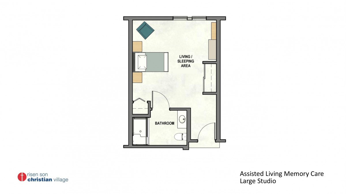A floor plan of a large studio apartment in assisted living showing the layout including a bathroom, living and sleeping area.