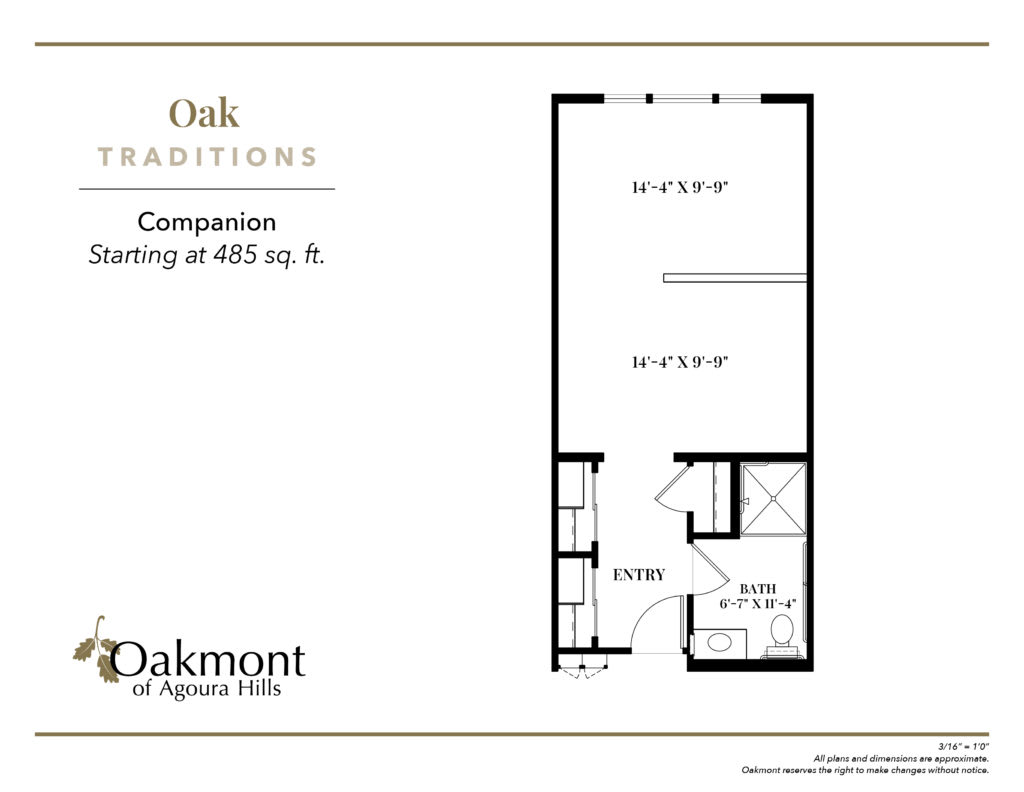Floor plan of a 405 sq. ft. studio apartment from Oak Traditions.