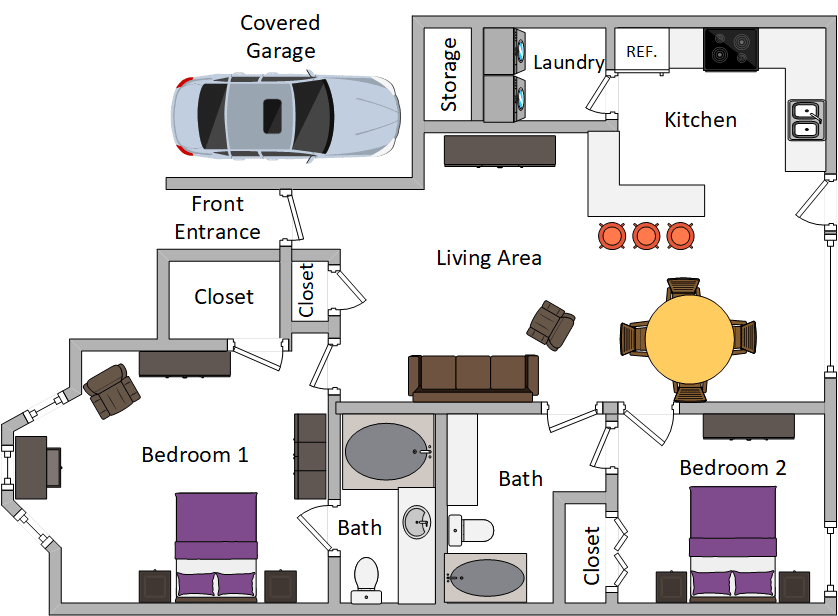 A detailed floor plan depicting a house layout with two bedrooms, a living area, a kitchen, two bathrooms, and a garage.
