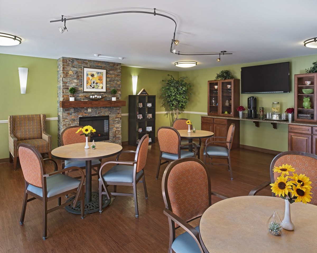 A cozy dining area with round tables and chairs, featuring a fireplace, decorative plants, and a television.