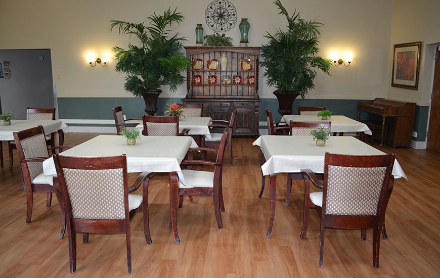A cozy dining room with neatly arranged tables and chairs, decorated with indoor plants and wall lamps.