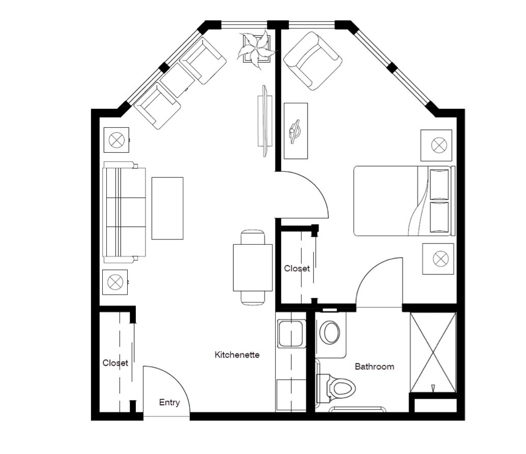 A detailed floor plan of an apartment featuring a living room, bedroom, kitchen, bathroom, and balcony.