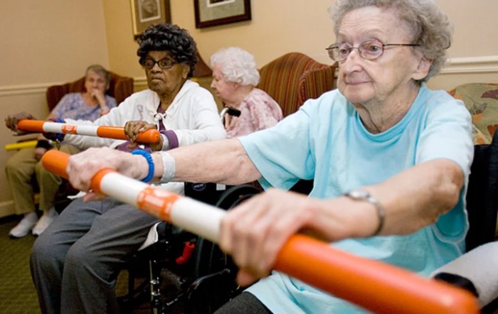 A group of elderly individuals participating in a seated exercise class, focusing on health and fitness.