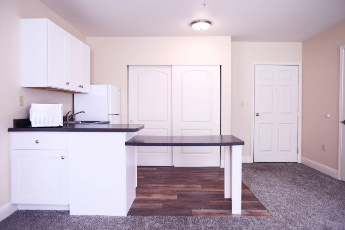 A modern minimalist kitchen with white cabinets and a dark countertop, featuring bright lighting.