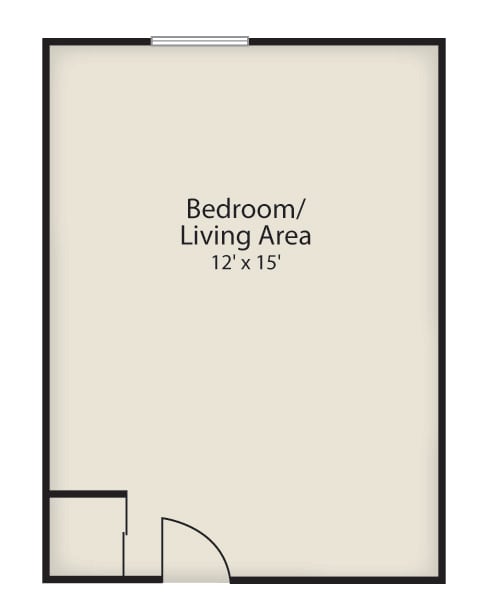 A simple floor plan depicting a combined bedroom and living area measuring 12 by 15 feet.