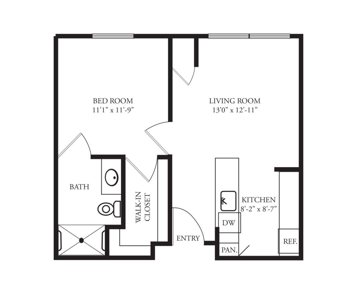 A floor plan of a one-bedroom apartment including a bathroom, living room, and kitchen.