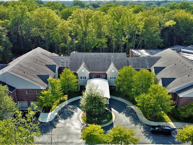 Aerial view of a mansion surrounded by trees with a circular driveway.