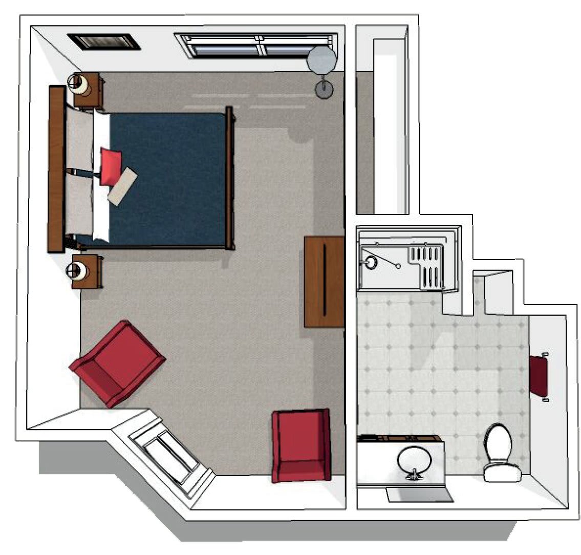 A floor plan showing a bedroom and bathroom layout, featuring a bed, chairs, and bathroom fixtures.