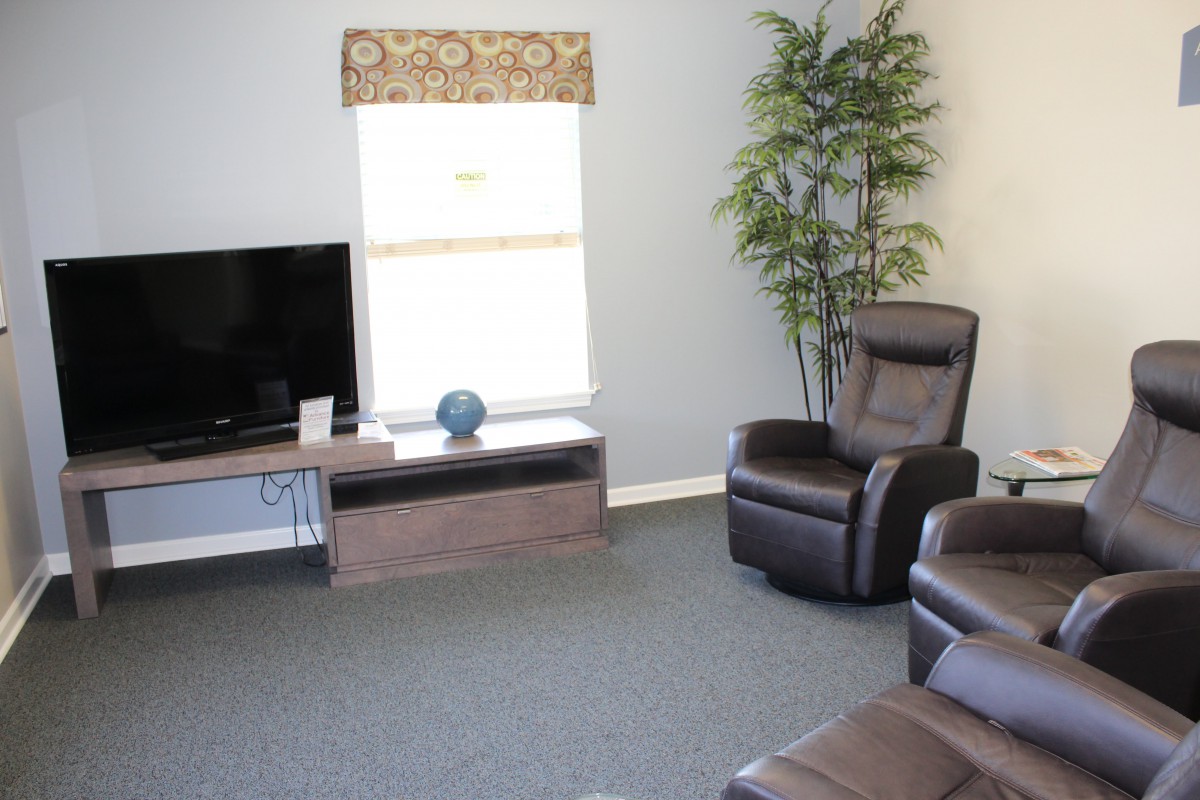 A cozy living room with a television, armchairs, and a potted plant.