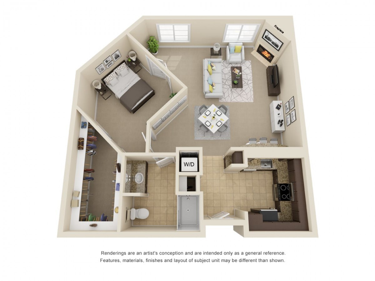 A 3D floor plan of a one-bedroom apartment with a living room, kitchen, and bathroom.
