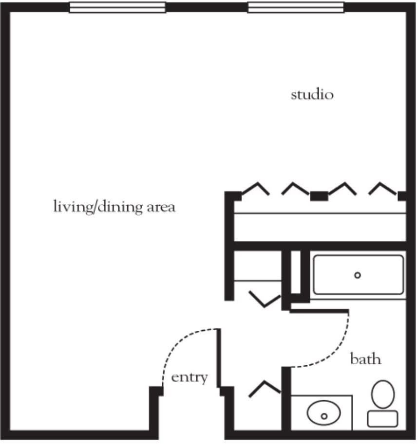 A floor plan of a studio apartment with a combined living/sleeping area, a bathroom, and an entryway.
