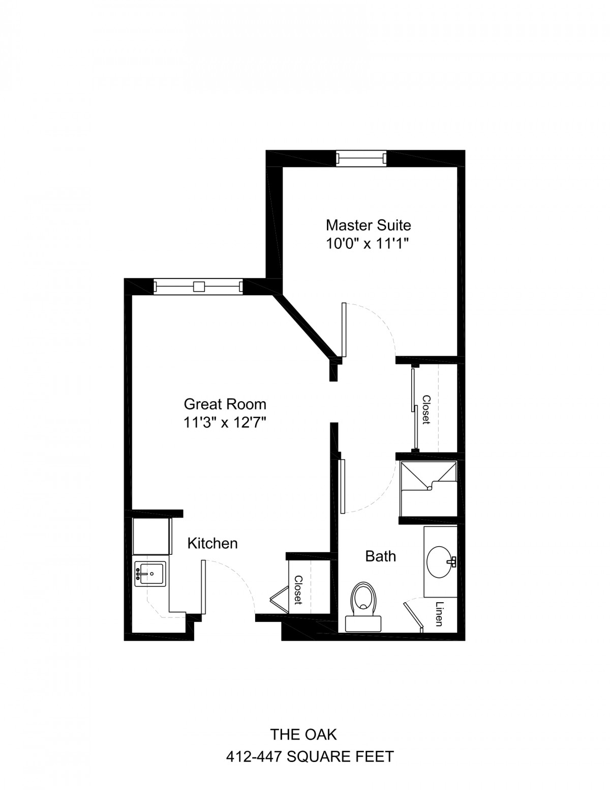 A floor plan of an apartment featuring a master suite, great room, kitchen, and bathroom.