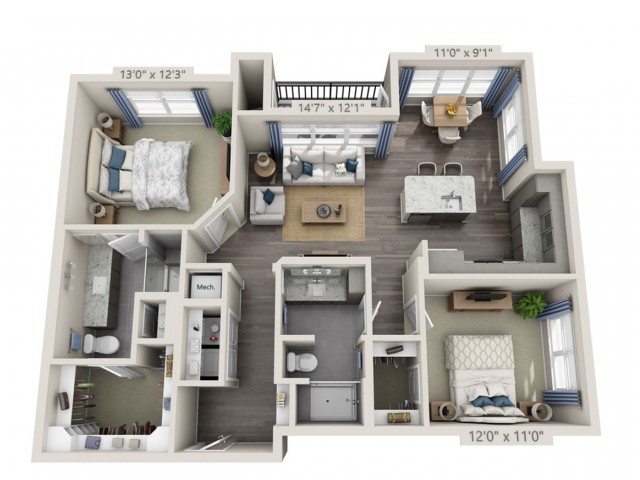 3D floor plan of a spacious two-bedroom apartment with modern interior design.