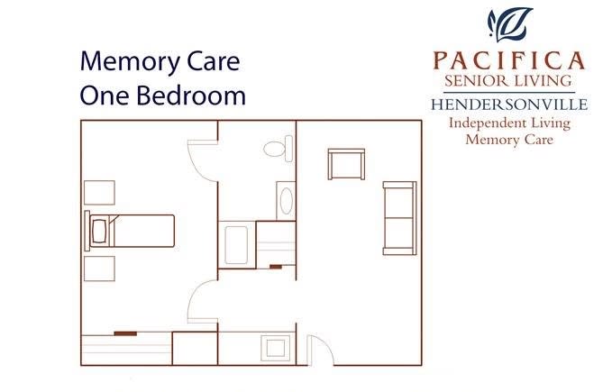 Floor plan of a one-bedroom memory care unit at Pacifica Senior Living.
