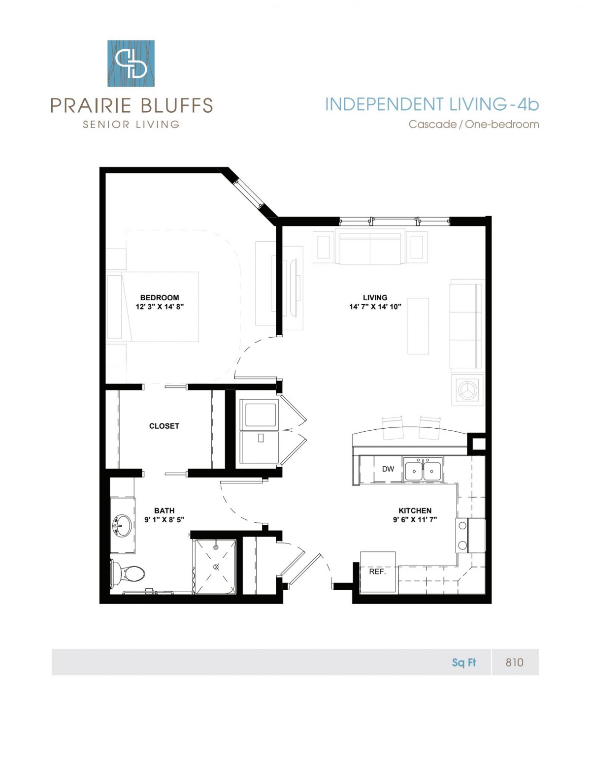 Floor plan of a one-bedroom apartment at Prairie Bluffs Independent Living.