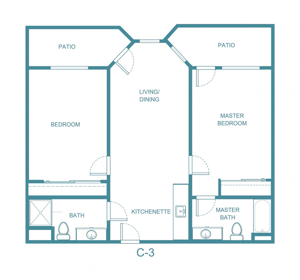 A floor plan illustrating a two-bedroom apartment layout with two bathrooms and a central living area.