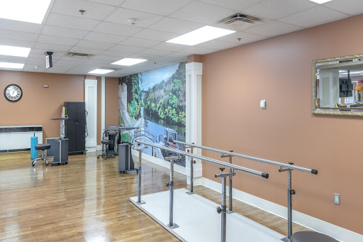 A spacious rehabilitation area featuring parallel bars for physical therapy and a scenic mural.