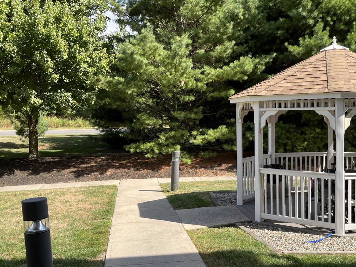 A sunny outdoor scene featuring a gazebo, surrounded by trees and greenery, with a pathway leading to it.