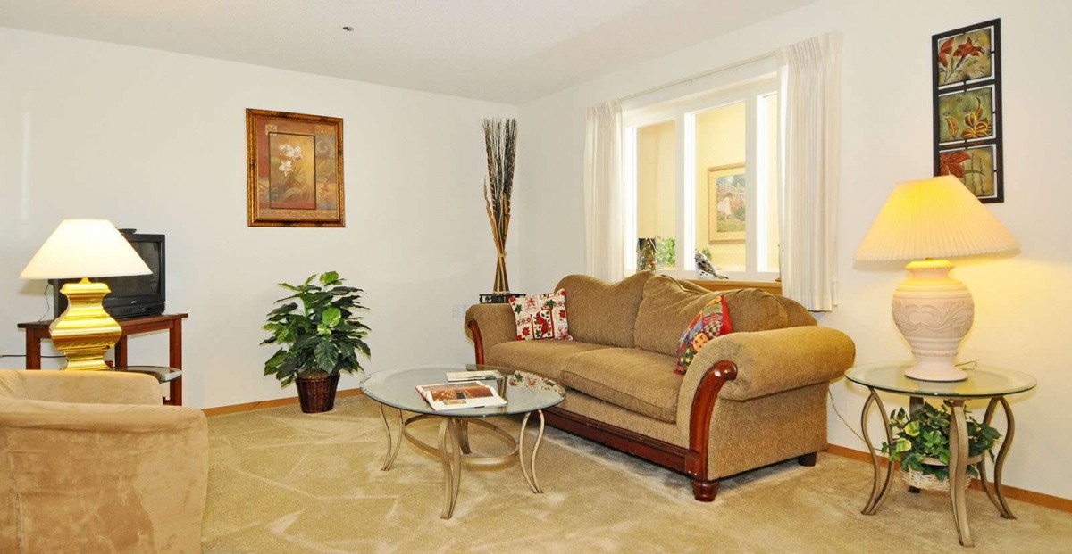 A cozy living room with a plush sofa, glass coffee table, and decorative plants.