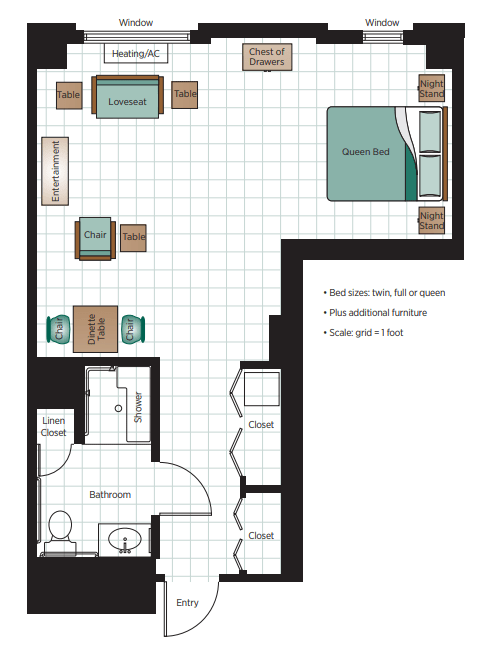 Studio apartment floor plan featuring a living area, kitchen, bathroom, and bedroom.