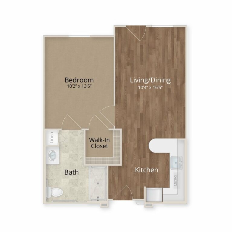 This is a floor plan of a one-bedroom apartment, featuring a living/dining area, a walk-in closet, kitchen, and bathroom.